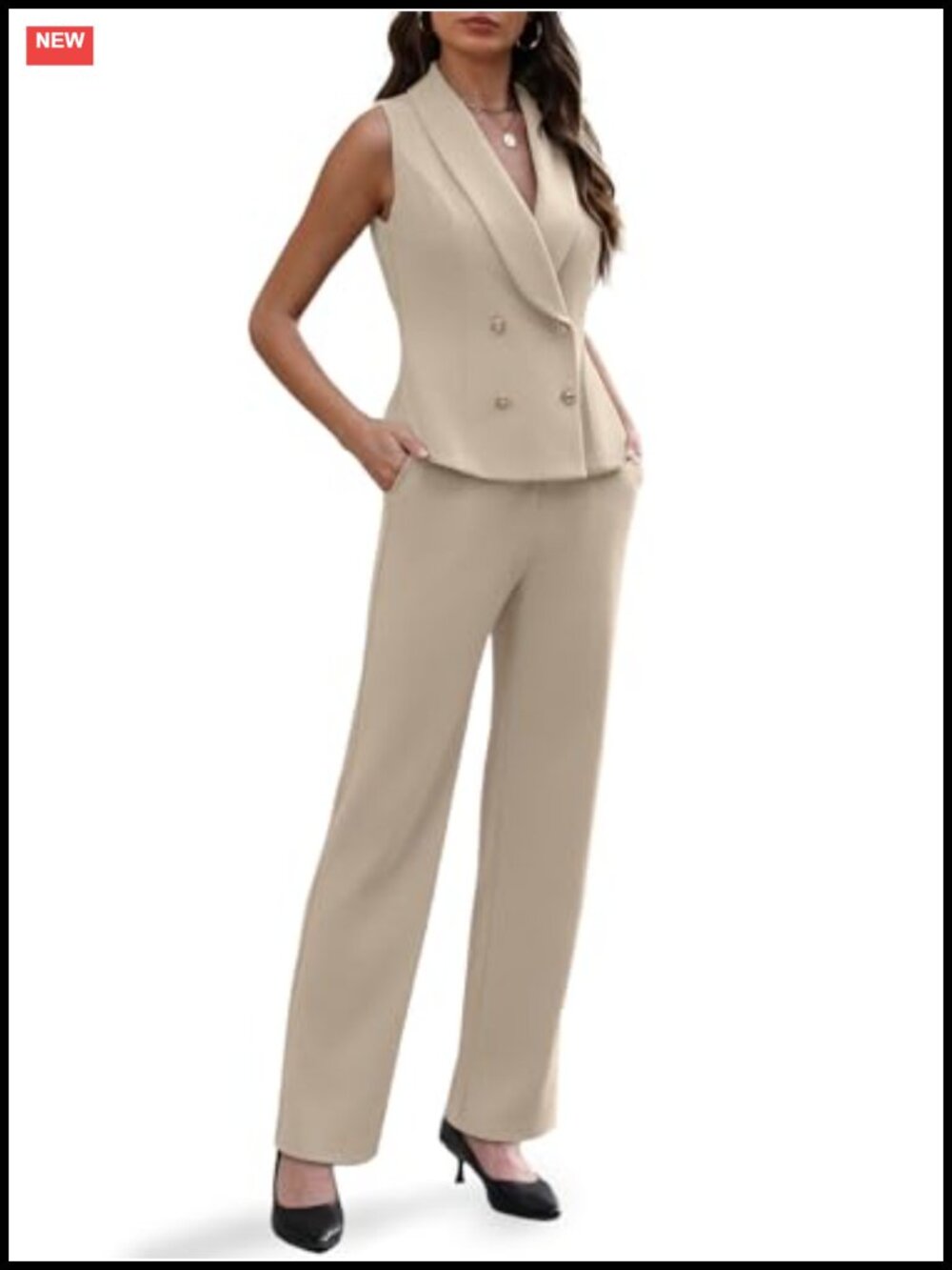 Women's 2-Piece Pantsuit Set Sleeveless V-Neck Double Breasted Blazer Vest